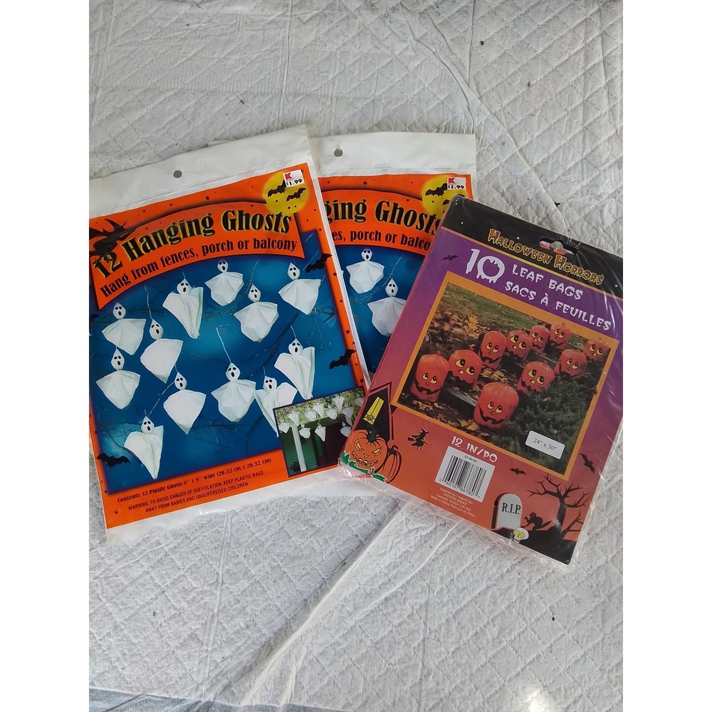 Vintage Halloween Decor Lot 24 Hanging Ghosts & 10 Pumpkin Leaf Bags Kmart New